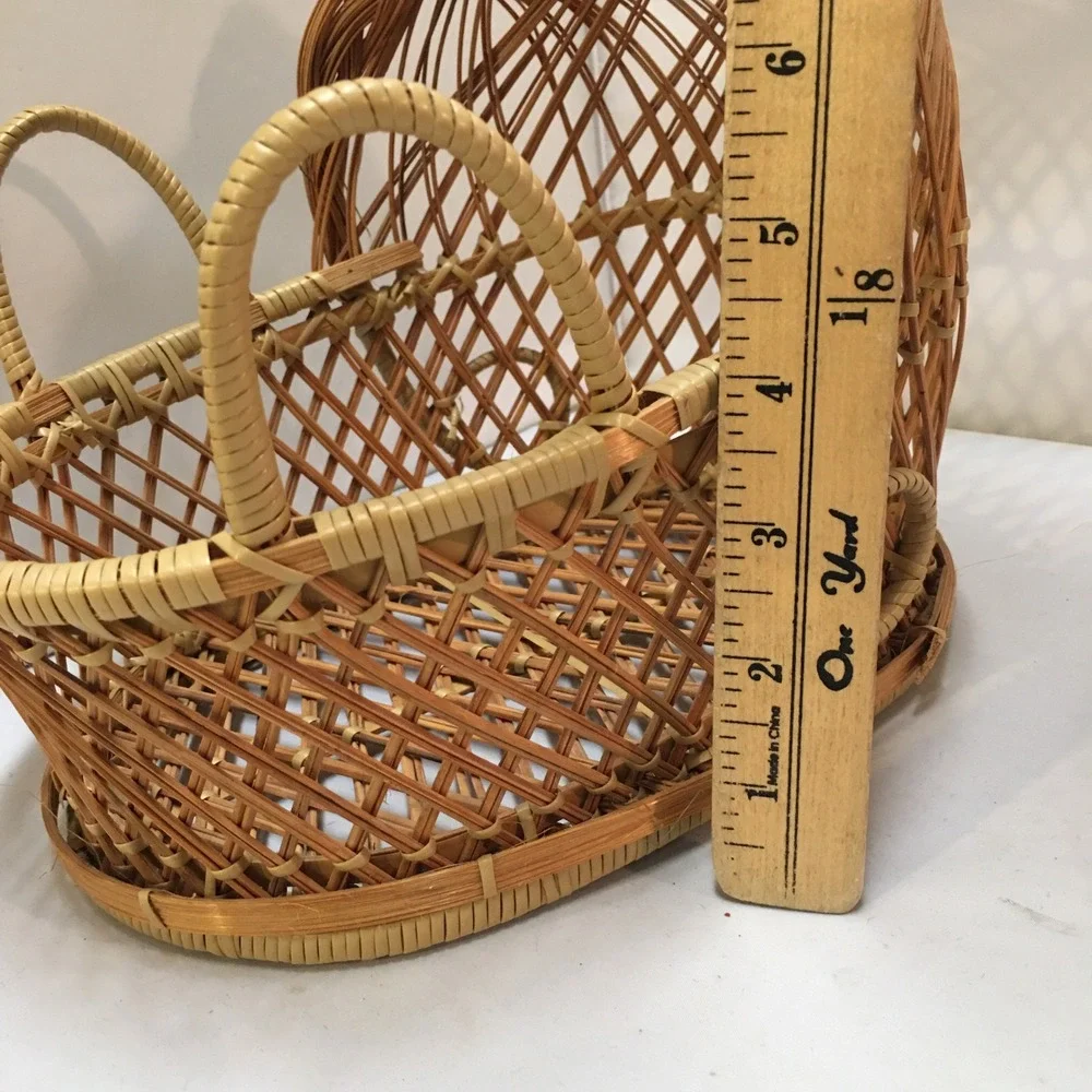 Wicker Doll Bassinet Miniature Small Tan Rattan Hooded Cradle Basket Cottagecore